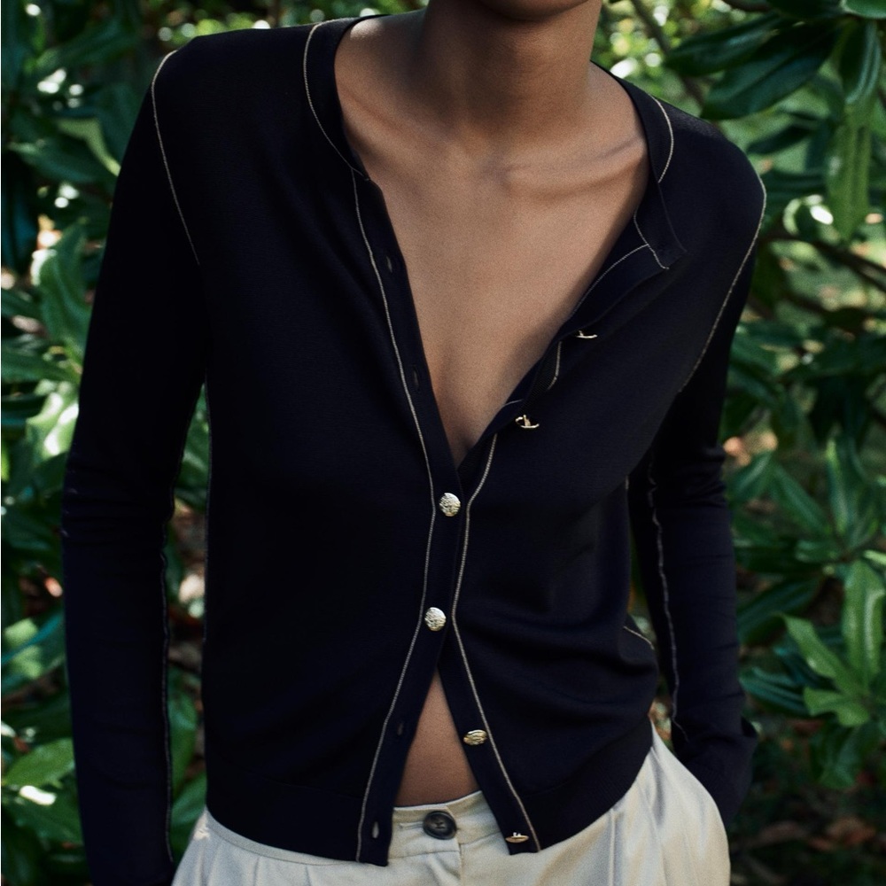 NEW Zara Contrasting Piping Plain Knit Cardigan in Black Gold - XL